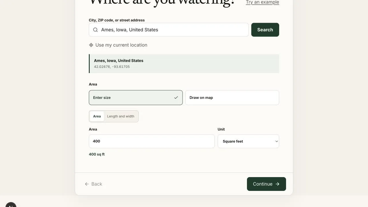 PlotAI location and area selection screen